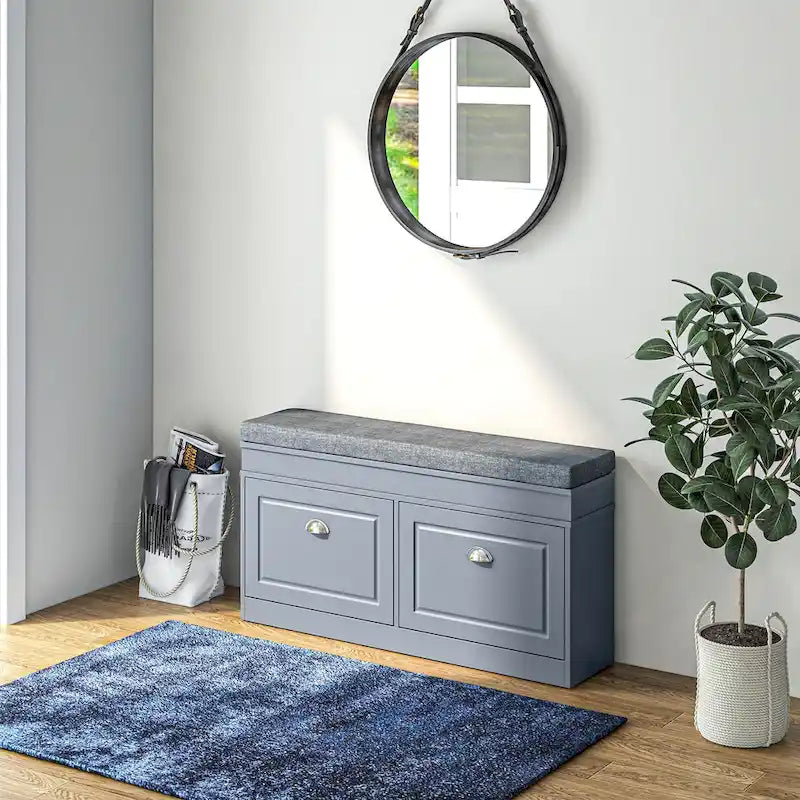 Banc à chaussures HOMCOM avec coussin, 2 tiroirs et étagère réglable, blanc - 41 x 9,5 x 21,75