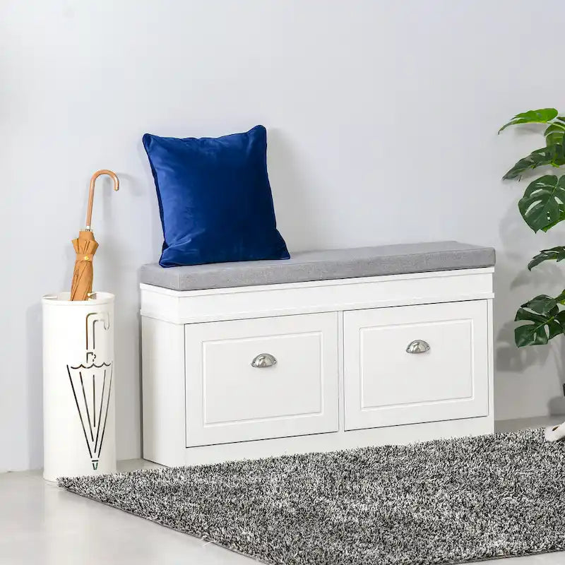Banc à chaussures HOMCOM avec coussin, 2 tiroirs et étagère réglable, blanc - 41 x 9,5 x 21,75
