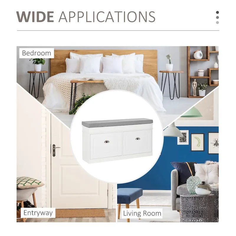 Banc à chaussures HOMCOM avec coussin, 2 tiroirs et étagère réglable, blanc - 41 x 9,5 x 21,75