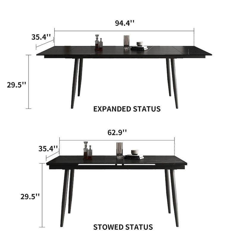 Ensemble de salle à manger extensible 7 pièces (de 62,9 pouces à 94,4 pouces) avec plateau en pierre frittée et 6 chaises