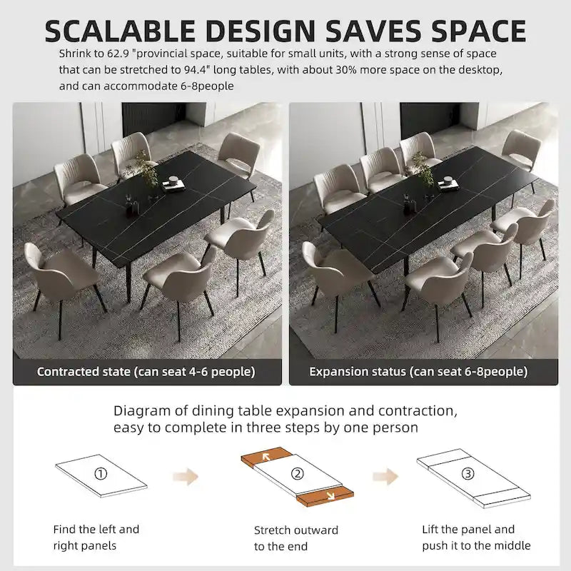 Ensemble de salle à manger extensible 7 pièces (de 62,9 pouces à 94,4 pouces) avec plateau en pierre frittée et 6 chaises