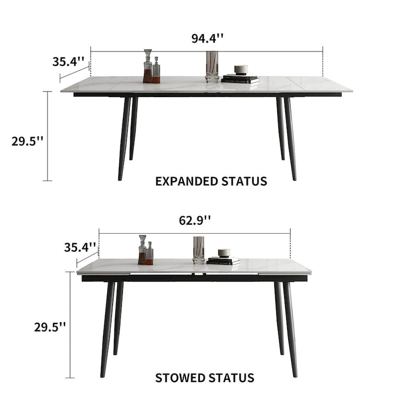 Ensemble de salle à manger extensible 7 pièces (de 62,9 pouces à 94,4 pouces) avec plateau en pierre frittée et 6 chaises