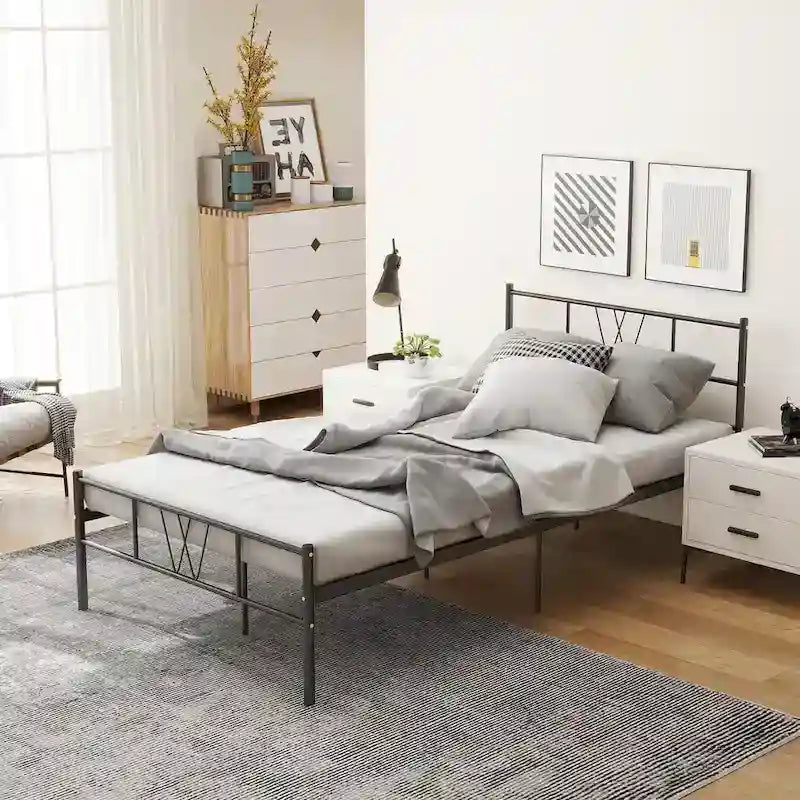 Cadre de lit plateforme en métal pour lit simple avec tête et pied de lit, sommier à lattes en acier robuste, montage facile.