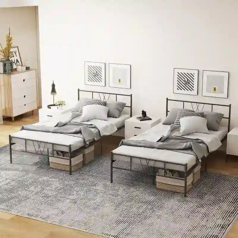 Cadre de lit plateforme en métal pour lit simple avec tête et pied de lit, sommier à lattes en acier robuste, montage facile.