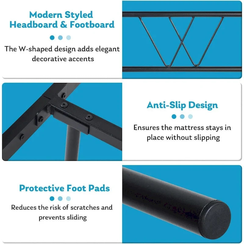 Cadre de lit plateforme en métal pour lit simple avec tête et pied de lit, sommier à lattes en acier robuste, montage facile.