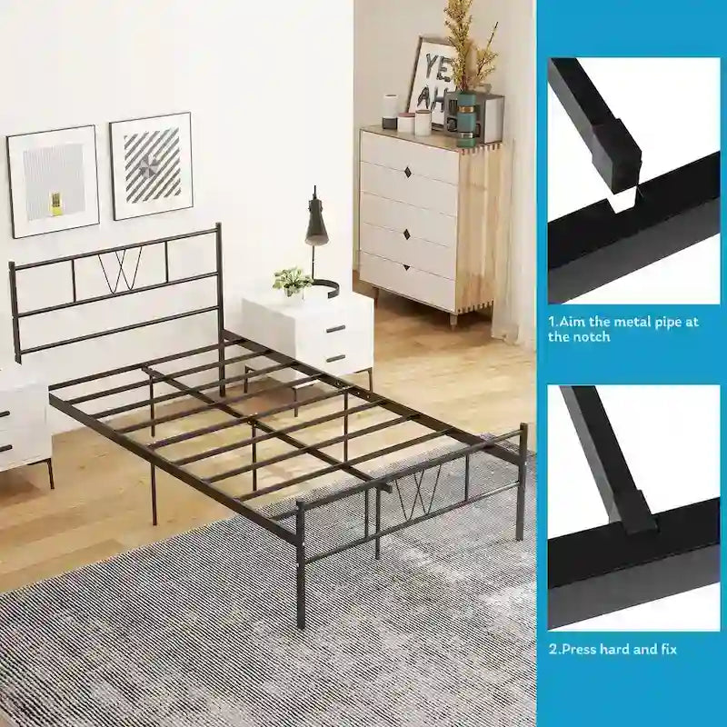 Cadre de lit plateforme en métal pour lit simple avec tête et pied de lit, sommier à lattes en acier robuste, montage facile.