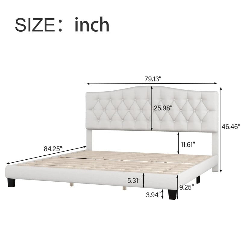 Lit plateforme moderne King Size avec tête de lit capitonnée, cadre de lit robuste à boutons capitonnés et sommier à lattes en bois, beige