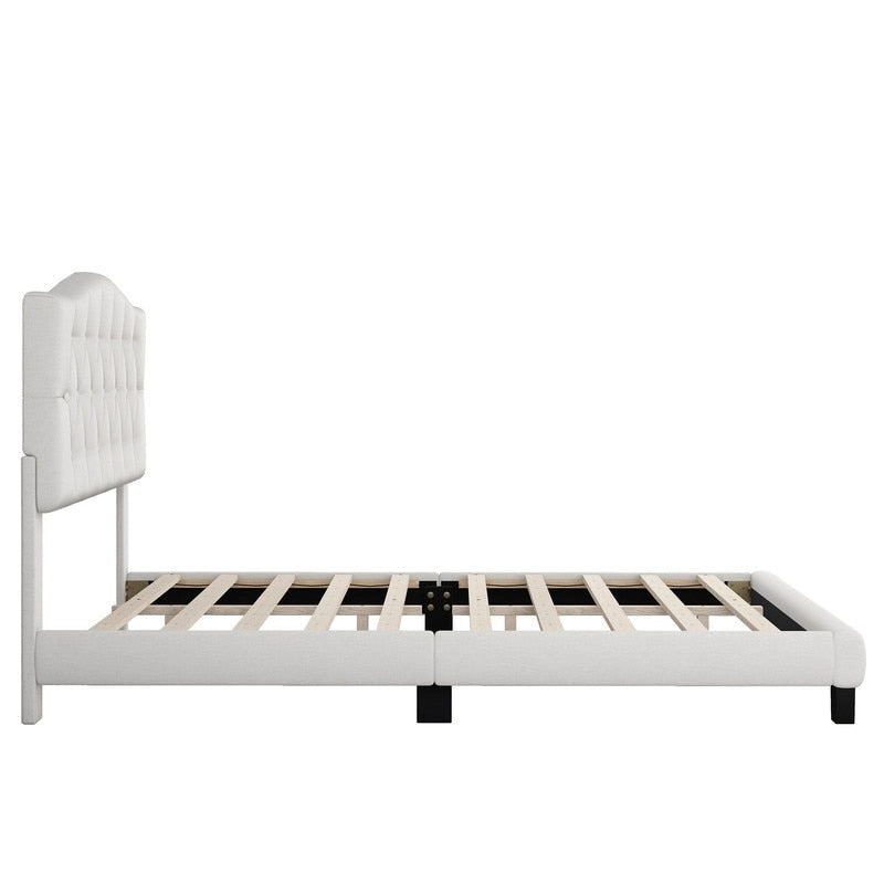 Lit plateforme moderne King Size avec tête de lit capitonnée, cadre de lit robuste à boutons capitonnés et sommier à lattes en bois, beige