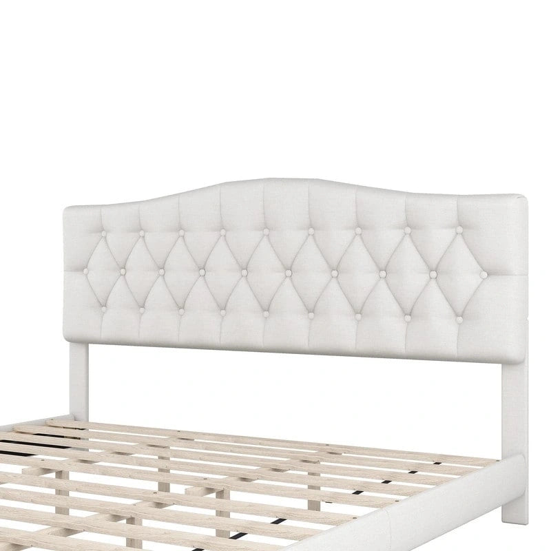 Lit plateforme moderne King Size avec tête de lit capitonnée, cadre de lit robuste à boutons capitonnés et sommier à lattes en bois, beige