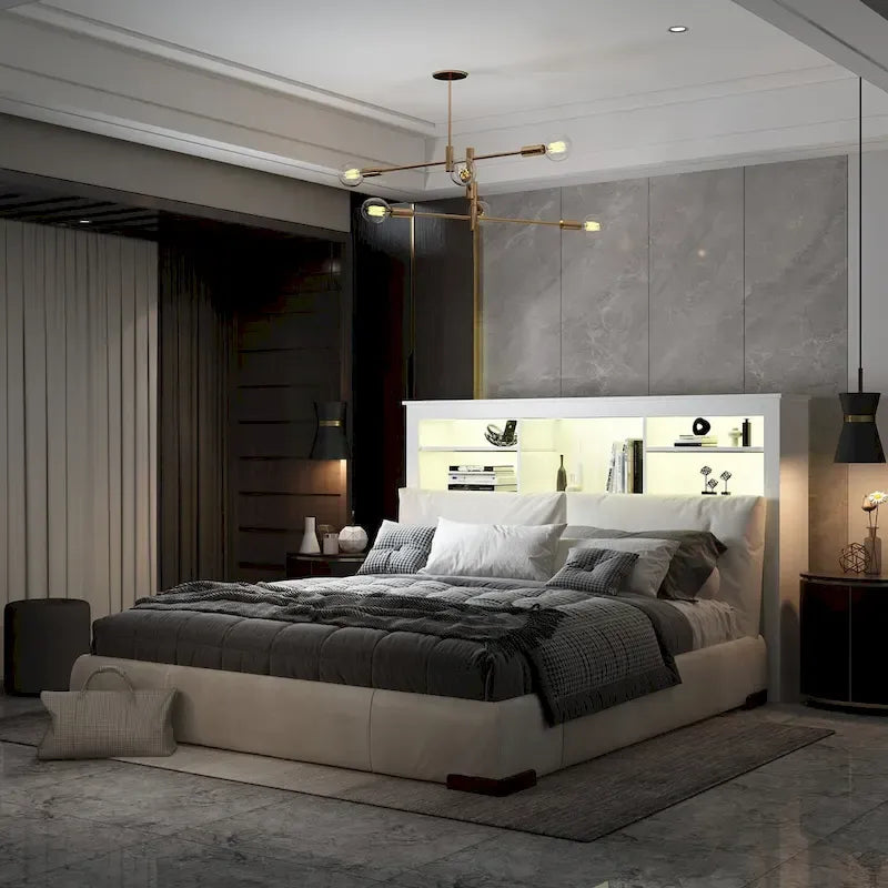 65Timechee Queen Bookcase Headboard RGB Light Adjustable Shelf