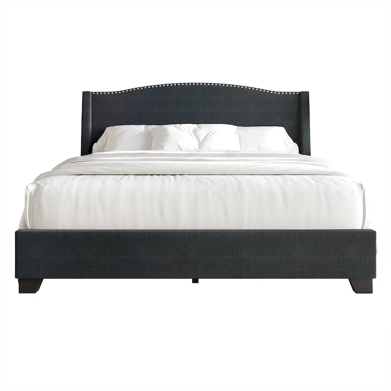 Lit capitonné CraftPorch élégant avec tête de lit à oreilles et tiroirs, orné de clous chromés