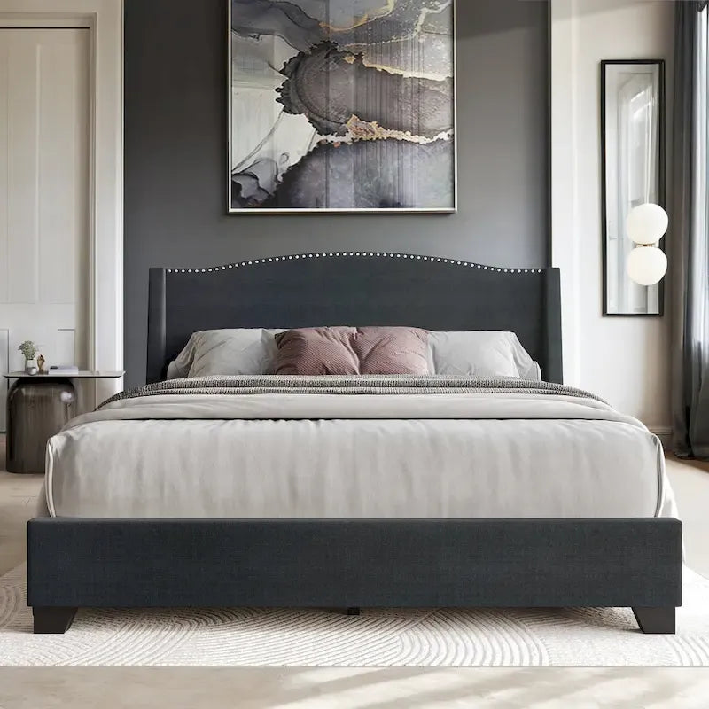 CraftPorch Elegant Chrome Nailhead Wingback Upholstered Bed with Drawers