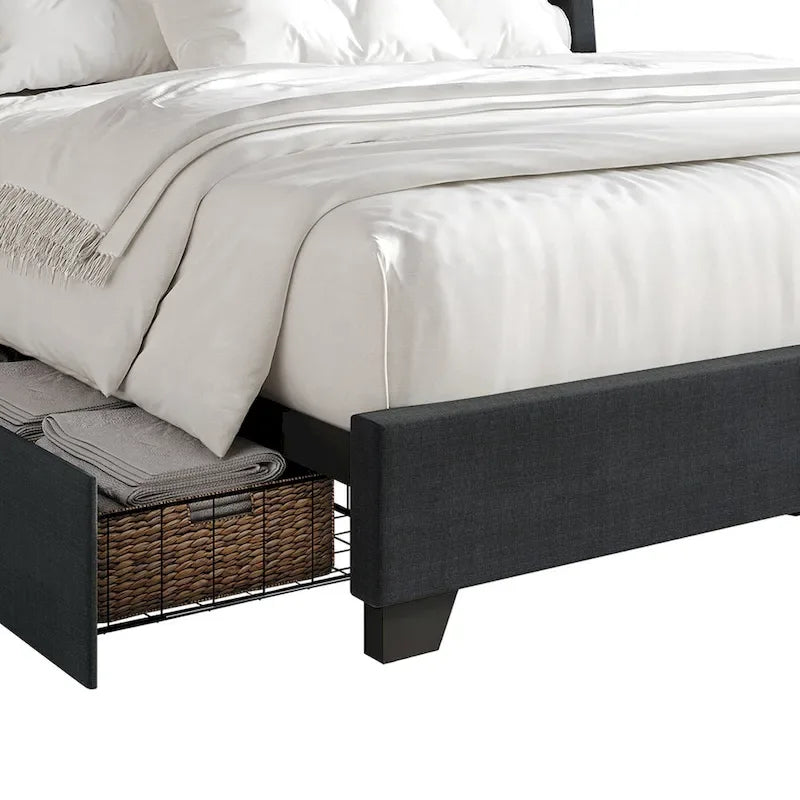 Lit capitonné CraftPorch élégant avec tête de lit à oreilles et tiroirs, orné de clous chromés