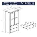 Armoire Shaker en bois massif à 2 portes, aspect grainé - 41 x 72 x 22