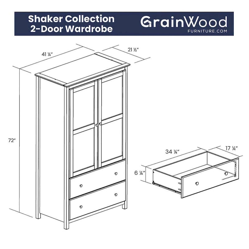 Armoire Shaker en bois massif à 2 portes, aspect grainé - 41 x 72 x 22