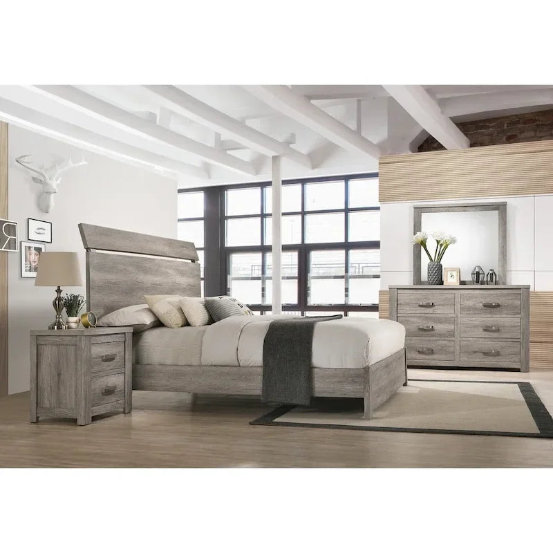 Ensemble de chambre à coucher contemporain Roundhill Furniture Floren en bois gris vieilli, comprenant un lit à panneaux, une commode, un miroir, une table de chevet et une commode