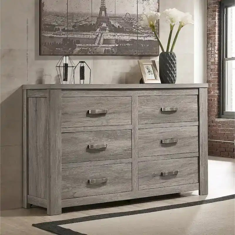 Ensemble de chambre à coucher contemporain Roundhill Furniture Floren en bois gris vieilli, comprenant un lit à panneaux, une commode, un miroir, une table de chevet et une commode