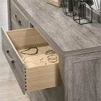 Ensemble de chambre à coucher contemporain Roundhill Furniture Floren en bois gris vieilli, comprenant un lit à panneaux, une commode, un miroir, une table de chevet et une commode