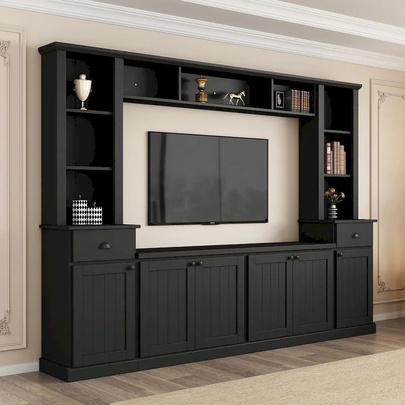 Entertainment Unit with Bridge, TV Stand with Adjustable Shelves for TVs Up to 75, Two Media Consoles
