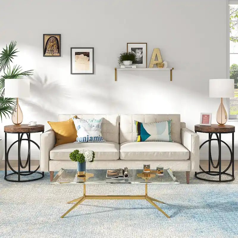 Table d'appoint ronde en bois blanc marbré de 51 cm (20 po) avec piètement doré en forme de O