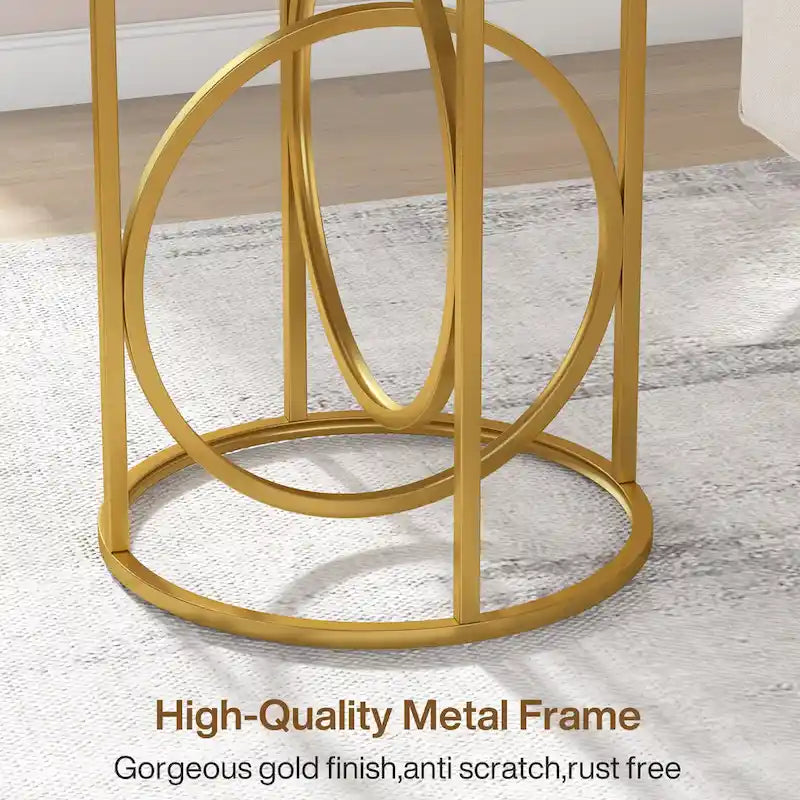 Table d'appoint ronde en bois blanc marbré de 51 cm (20 po) avec piètement doré en forme de O