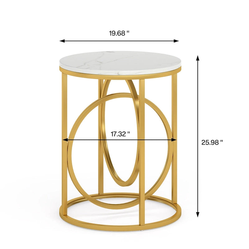 Table d'appoint ronde en bois blanc marbré de 51 cm (20 po) avec piètement doré en forme de O