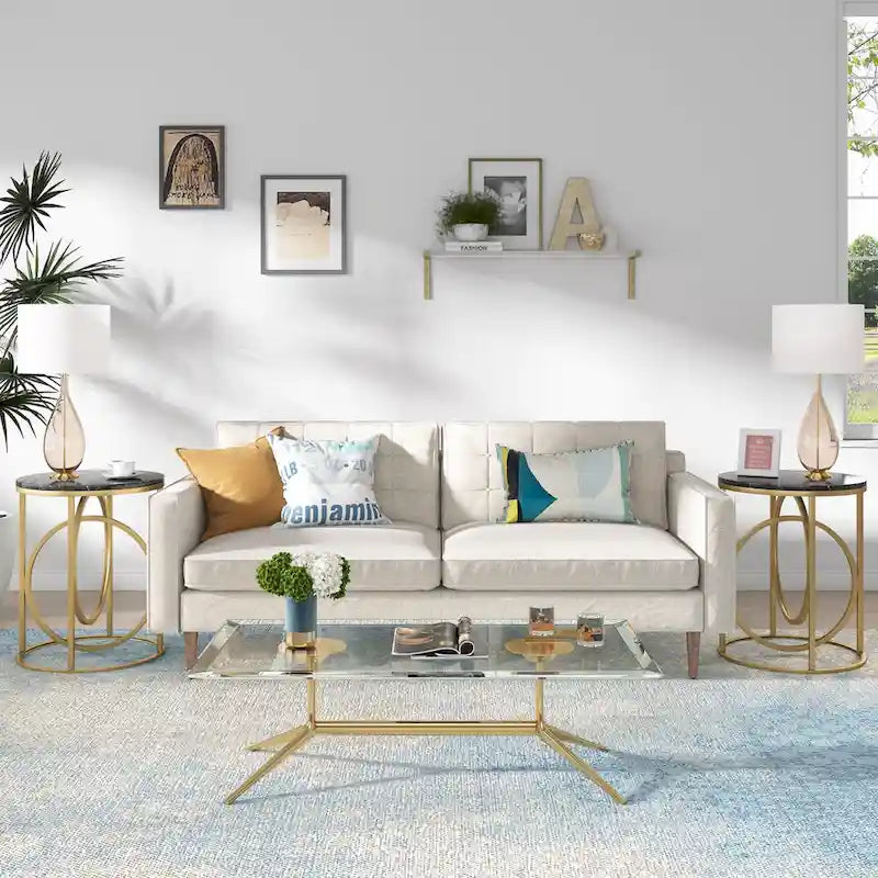 Table d'appoint ronde en bois blanc marbré de 51 cm (20 po) avec piètement doré en forme de O