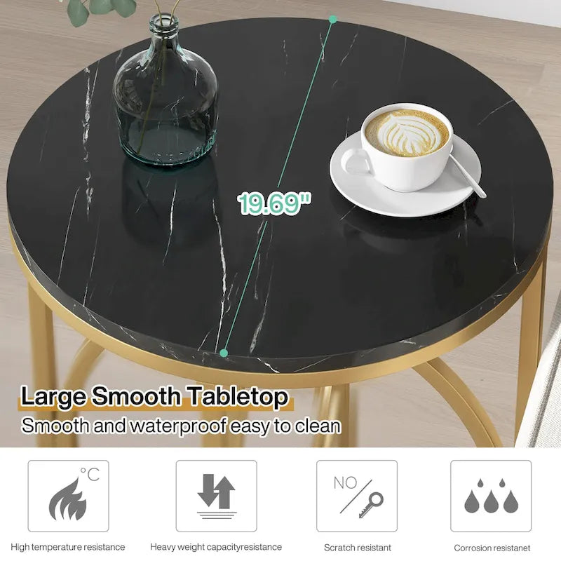 Table d'appoint ronde en bois blanc marbré de 51 cm (20 po) avec piètement doré en forme de O