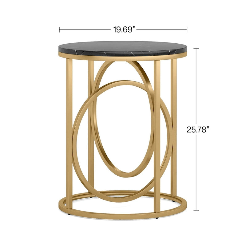 Table d'appoint ronde en bois blanc marbré de 51 cm (20 po) avec piètement doré en forme de O