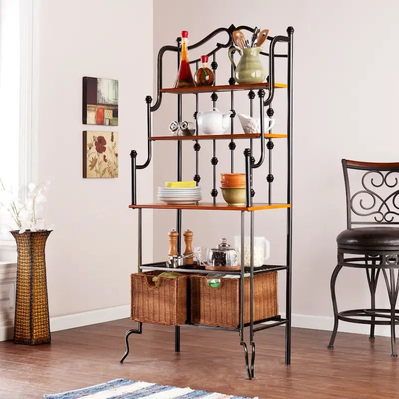 SEI Furniture Docherty Black Baker's Rack with Rattan Baskets