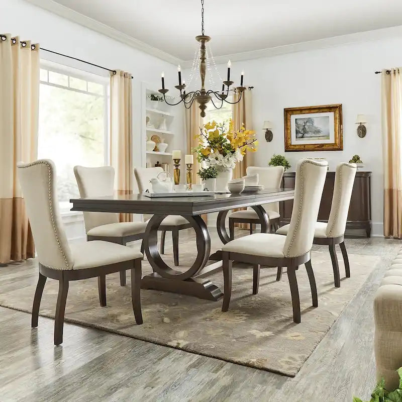 Willa Dark Cherry Wood and Beige Fabric Extendable Rectangular Dining Set by iNSPIRE Q Classic