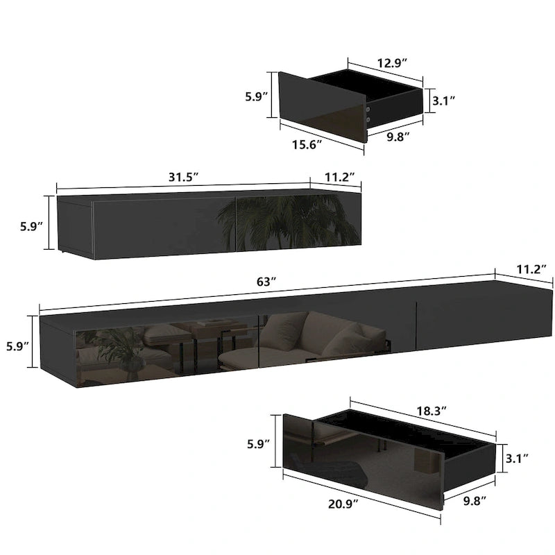 Meuble TV flottant LED, meuble multimédia pour la maison et le bureau (2 pièces)