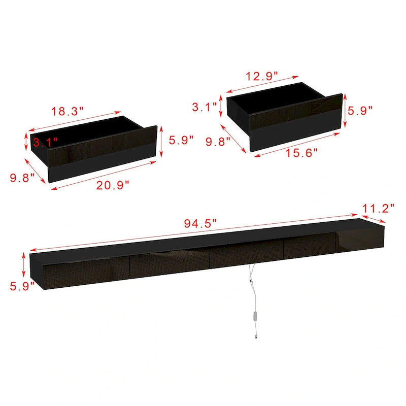 Meuble TV flottant LED, meuble multimédia pour la maison et le bureau (2 pièces)