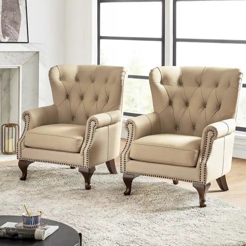 Fauteuil Gerhard en cuir véritable avec garnitures cloutées et coussin amovible (lot de 2) par HULALA HOME