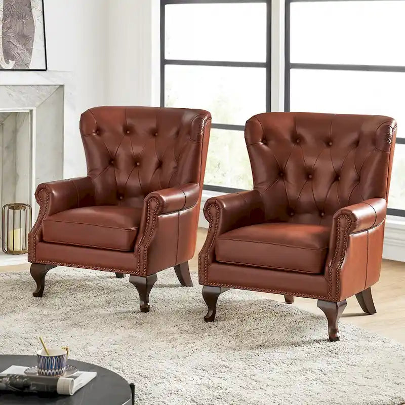 Fauteuil Gerhard en cuir véritable avec garnitures cloutées et coussin amovible (lot de 2) par HULALA HOME
