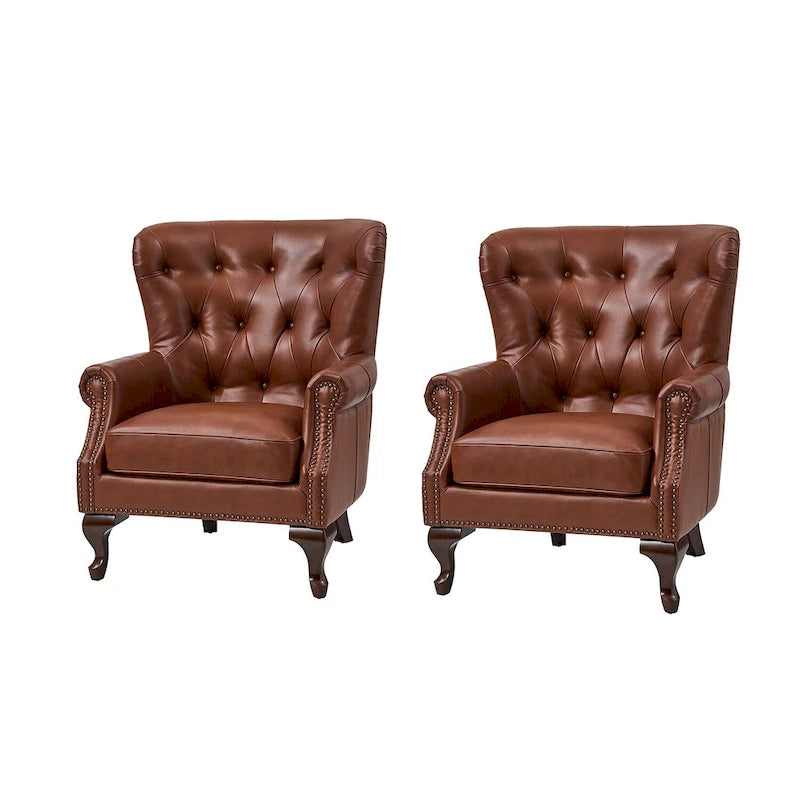 Fauteuil Gerhard en cuir véritable avec garnitures cloutées et coussin amovible (lot de 2) par HULALA HOME