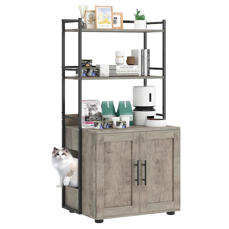 Bac à litière pour chat 2 en 1 avec 3 étagères et porte