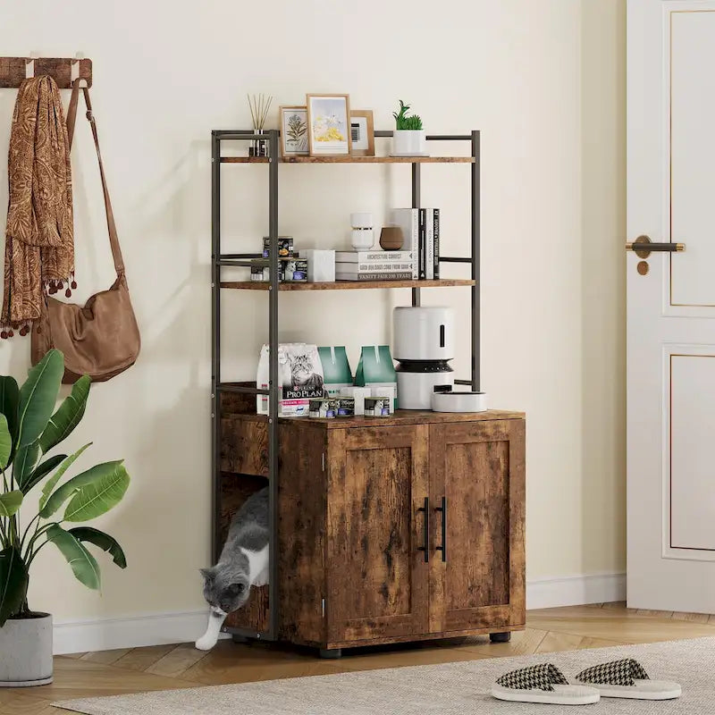 Bac à litière pour chat 2 en 1 avec 3 étagères et porte