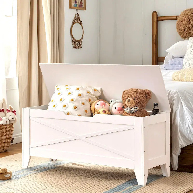 Banc de rangement VECELO, coffre en bois avec tapis en osier et charnières de sécurité, banc à chaussures d'entrée, coffre de rangement style industriel