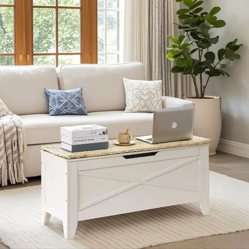 Banc de rangement VECELO, coffre en bois avec tapis en osier et charnières de sécurité, banc à chaussures d'entrée, coffre de rangement style industriel