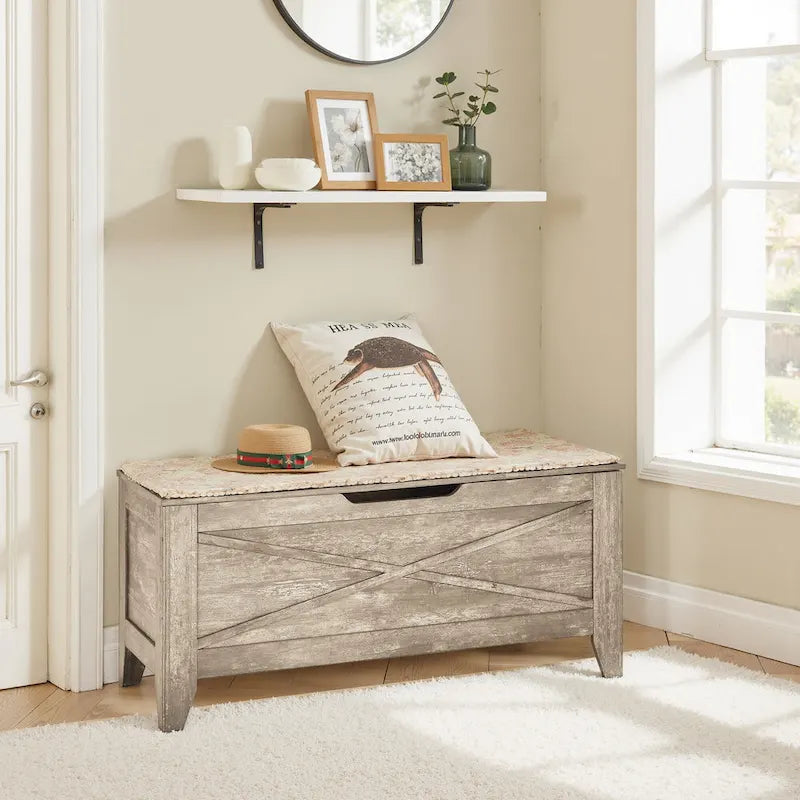Banc de rangement VECELO, coffre en bois avec tapis en osier et charnières de sécurité, banc à chaussures d'entrée, coffre de rangement style industriel