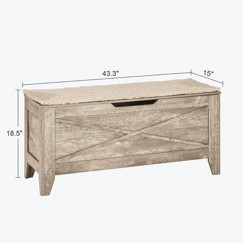 Banc de rangement VECELO, coffre en bois avec tapis en osier et charnières de sécurité, banc à chaussures d'entrée, coffre de rangement style industriel