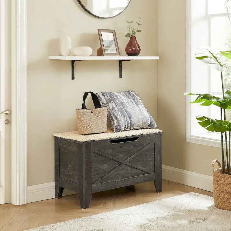 Banc de rangement VECELO, coffre en bois avec tapis en osier et charnières de sécurité, banc à chaussures d'entrée, coffre de rangement style industriel