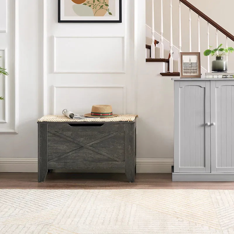 Banc de rangement VECELO, coffre en bois avec tapis en osier et charnières de sécurité, banc à chaussures d'entrée, coffre de rangement style industriel
