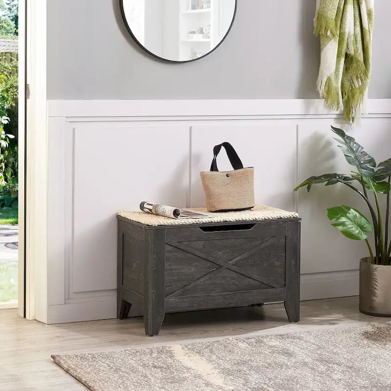 Banc de rangement VECELO, coffre en bois avec tapis en osier et charnières de sécurité, banc à chaussures d'entrée, coffre de rangement style industriel