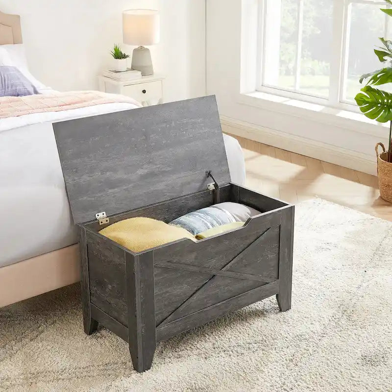 Banc de rangement VECELO, coffre en bois avec tapis en osier et charnières de sécurité, banc à chaussures d'entrée, coffre de rangement style industriel