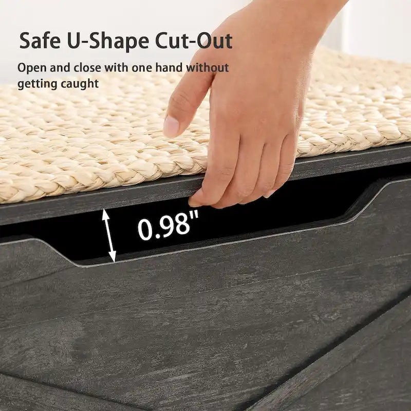 Banc de rangement VECELO, coffre en bois avec tapis en osier et charnières de sécurité, banc à chaussures d'entrée, coffre de rangement style industriel