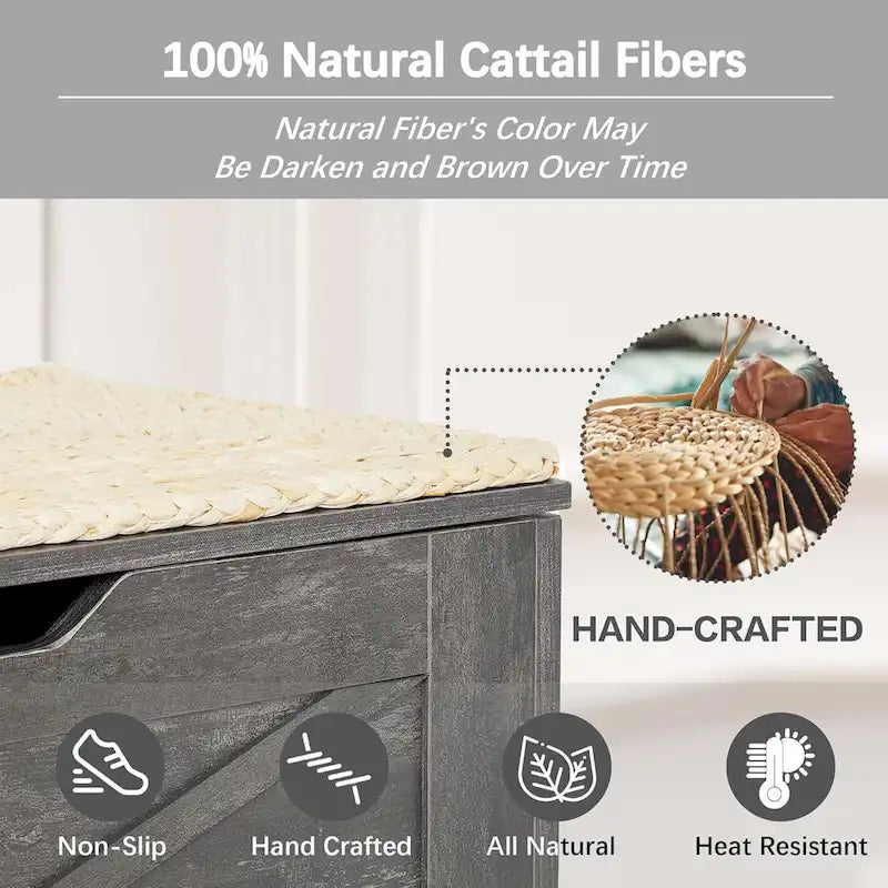 Banc de rangement VECELO, coffre en bois avec tapis en osier et charnières de sécurité, banc à chaussures d'entrée, coffre de rangement style industriel