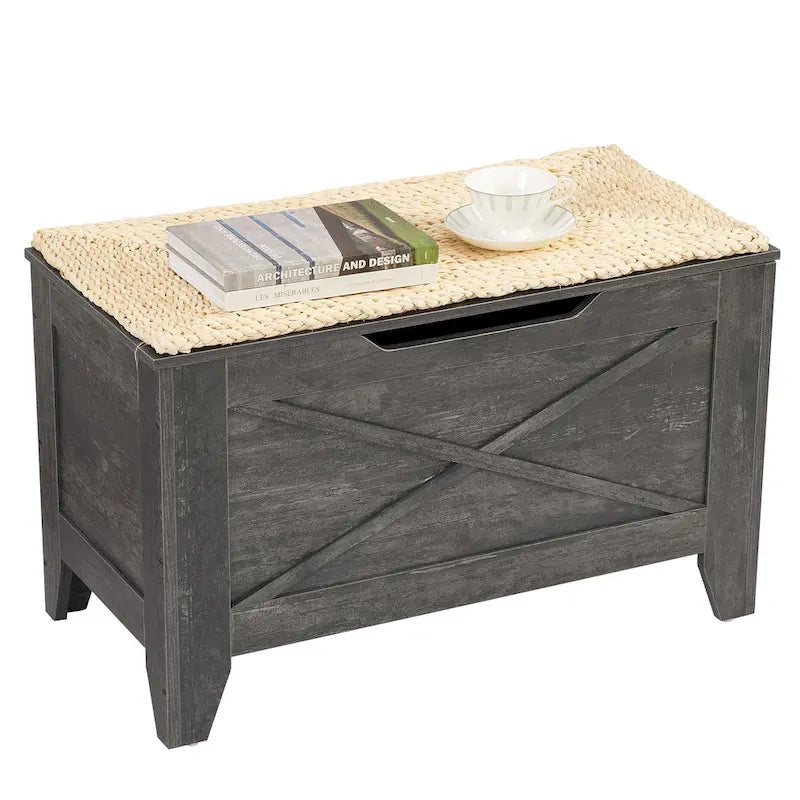 Banc de rangement VECELO, coffre en bois avec tapis en osier et charnières de sécurité, banc à chaussures d'entrée, coffre de rangement style industriel