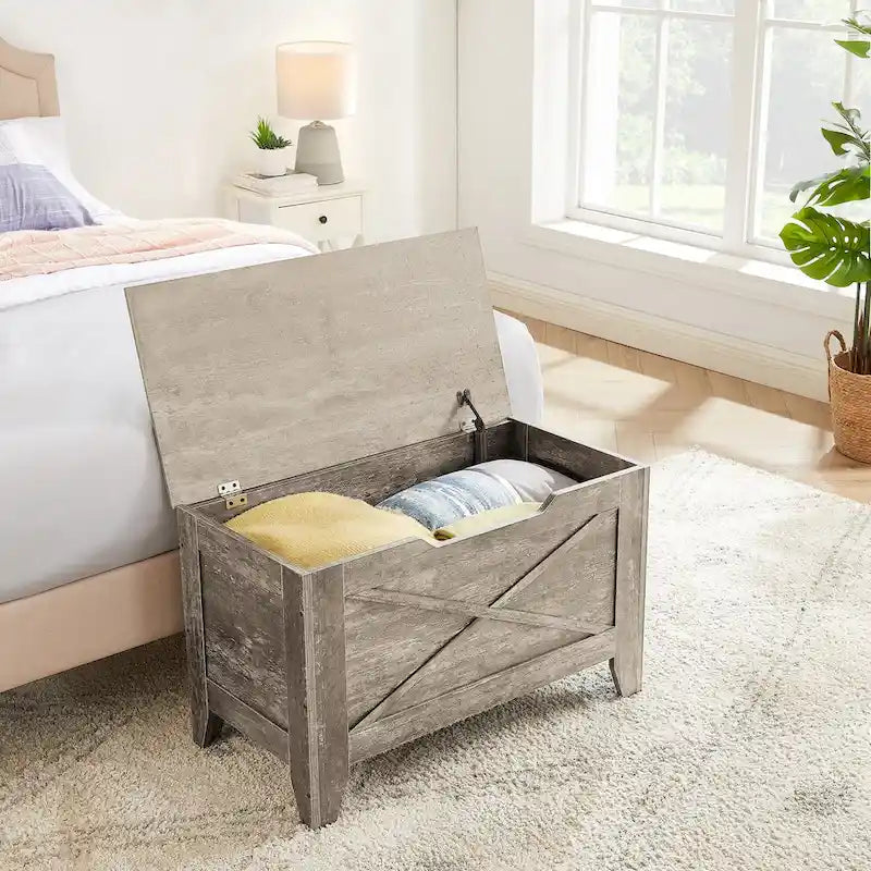 Banc de rangement VECELO, coffre en bois avec tapis en osier et charnières de sécurité, banc à chaussures d'entrée, coffre de rangement style industriel